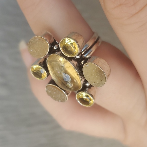 New Golden Rutile, Citrine and Druzy 925 Silver Ring. - Picture 7 of 16